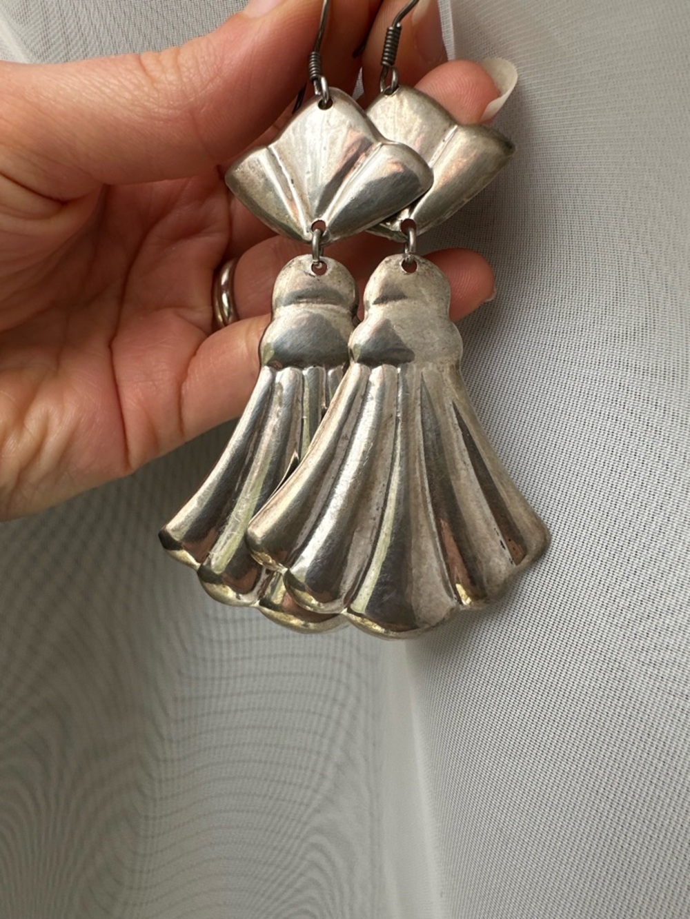 Sterling Silver Statement Drop Scalloped Fan Earrings - made in Mexico - Picture 2 of 6